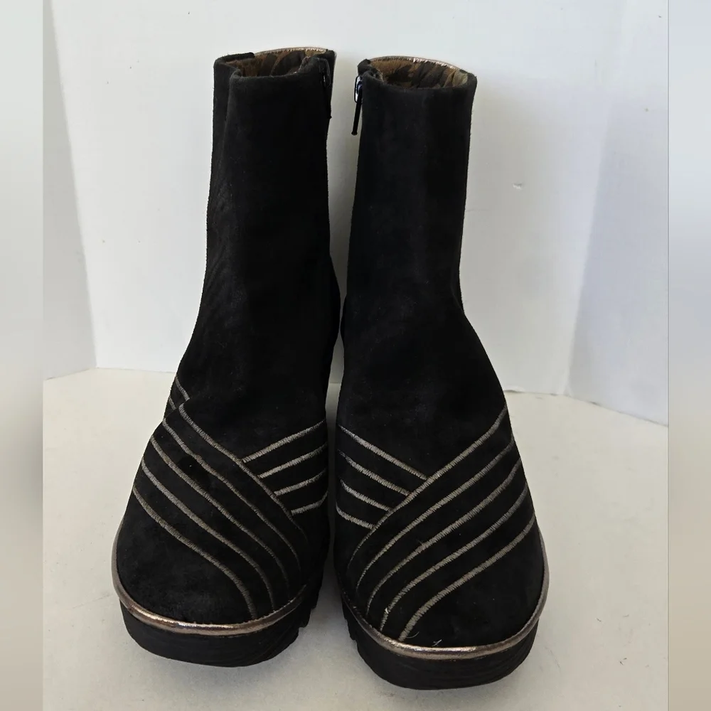 Fly London Yave Black Suede Leather Wedge Chelsea Ankle Boots